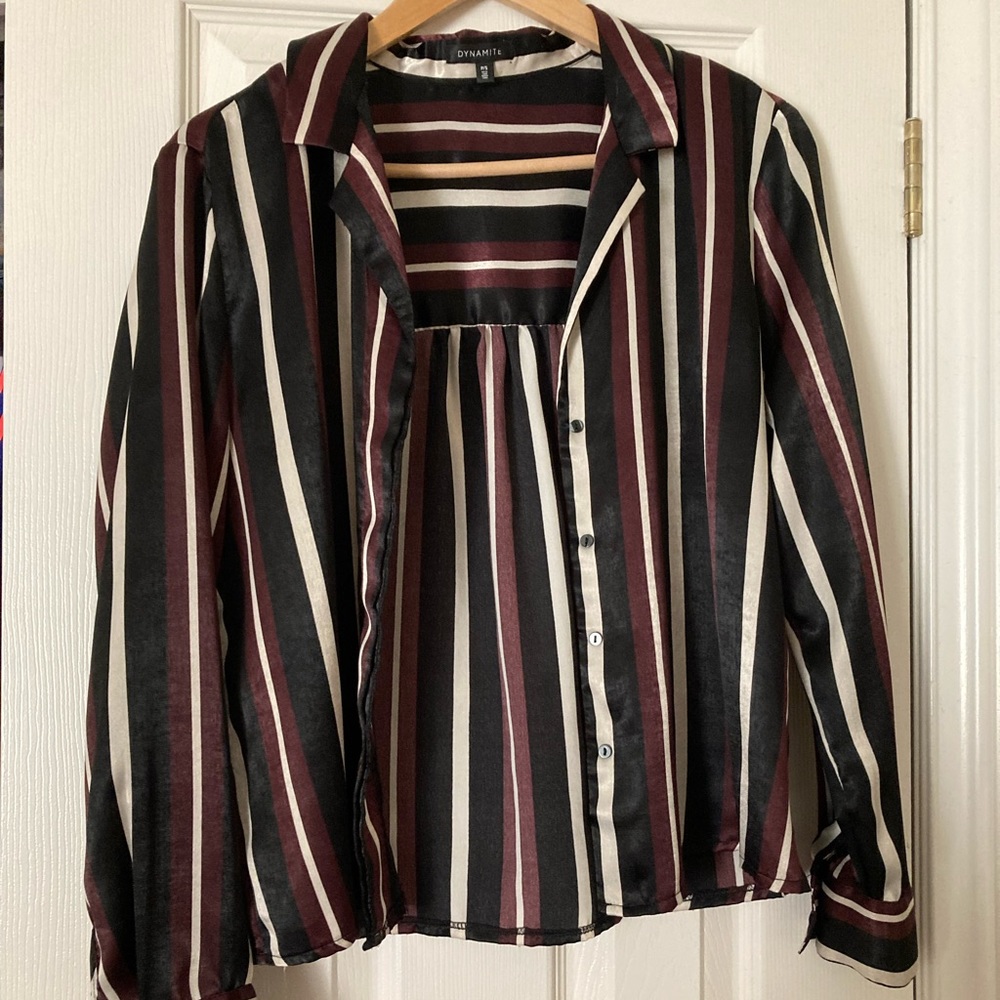 Dynamite Striped Black / White / Burgundy Satin Blouse
